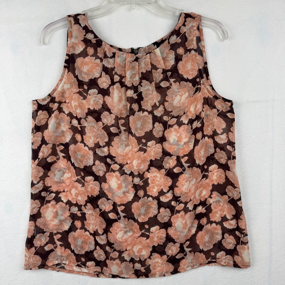 LOFT Petite Floral Sleeveless Top Brown Pink Peach Blouse‎ MP